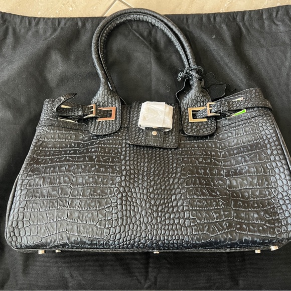 CHARLIE LEPSON SATCHEL LEATHER BLACK CROC DESIGN NEW SILVER HARDWARE - Picture 1 of 10